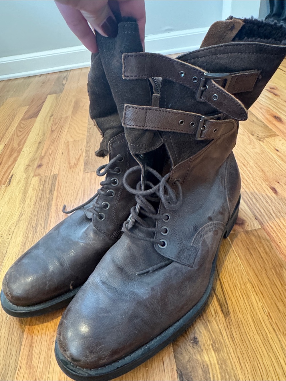 Kenneth Cole Reaction Men's Brown Lace-Up Combat Boots with Buckle Straps